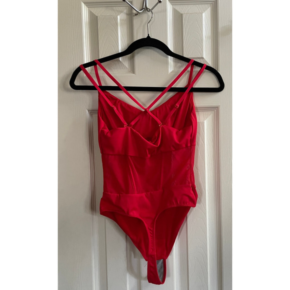 Popilush Red Mesh Sculpting Bodysuit Crisscross Back Size Small - Picture 3 of 7